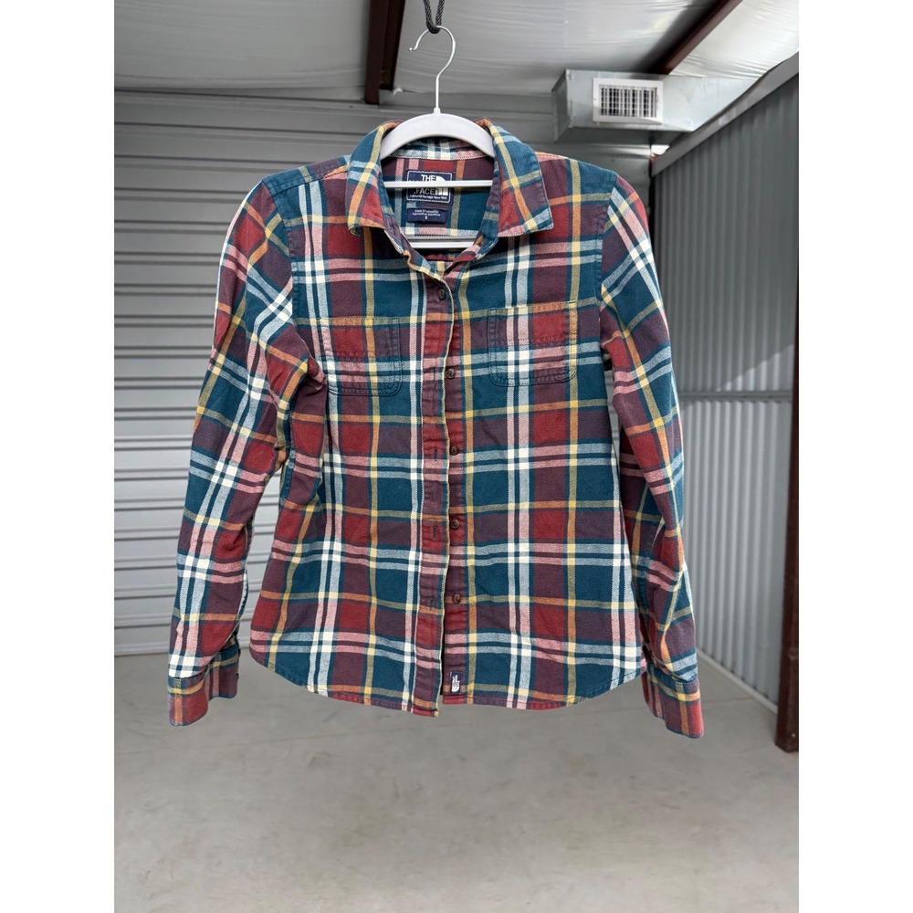 The North Face Womens Plaid Flannel Shirt Teal Burgundy Cotton Button Down Small
